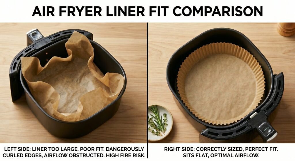 Comparing the correct and incorrect measurements using a standard air fryer liner size chart.