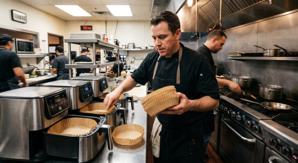 Commercial kitchen utilizing a high-volume substitute for air fryer parchment paper.