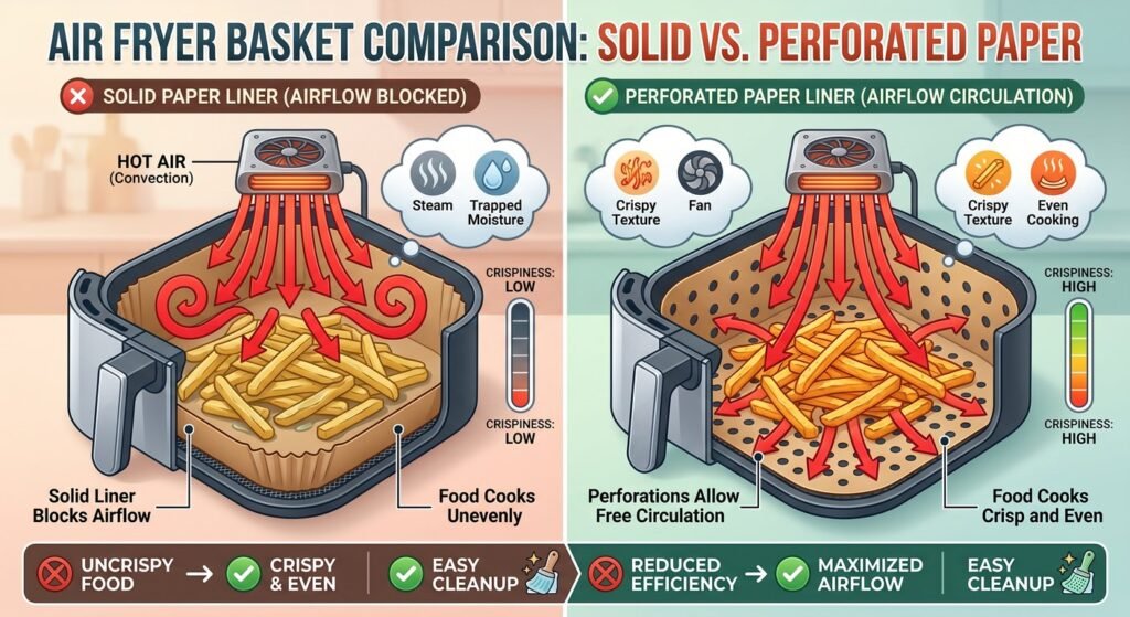 Diagram showing how perforated parchment paper allows hot air circulation compared to solid baking sheets.