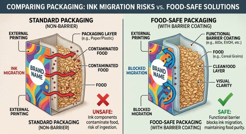 Chemical migration prevention in food grade paper printing.