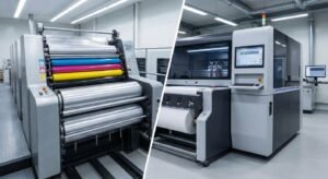 Comparison of industrial offset vs digital printing machinery for packaging.