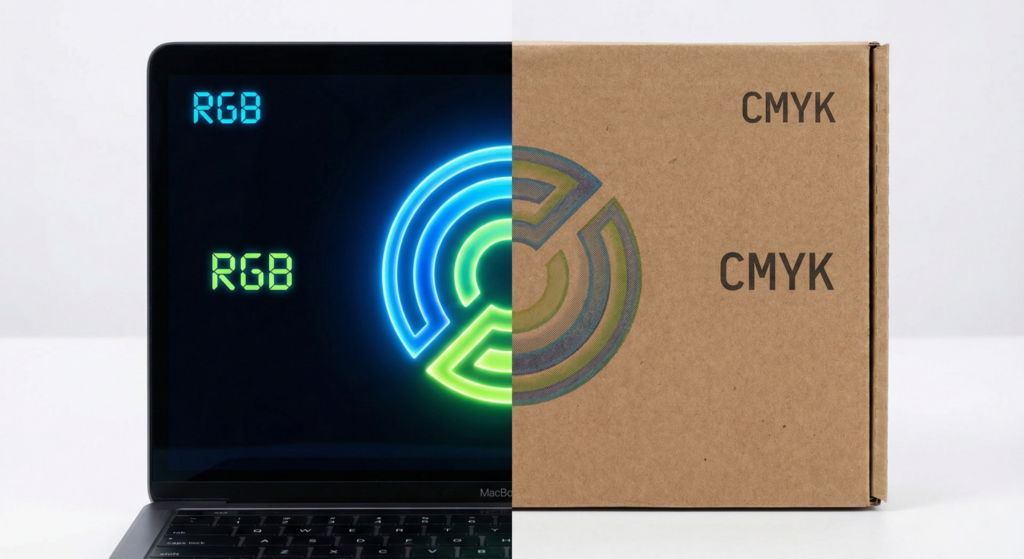Side by side comparison of CMYK vs RGB for printing showing color shift on packaging.