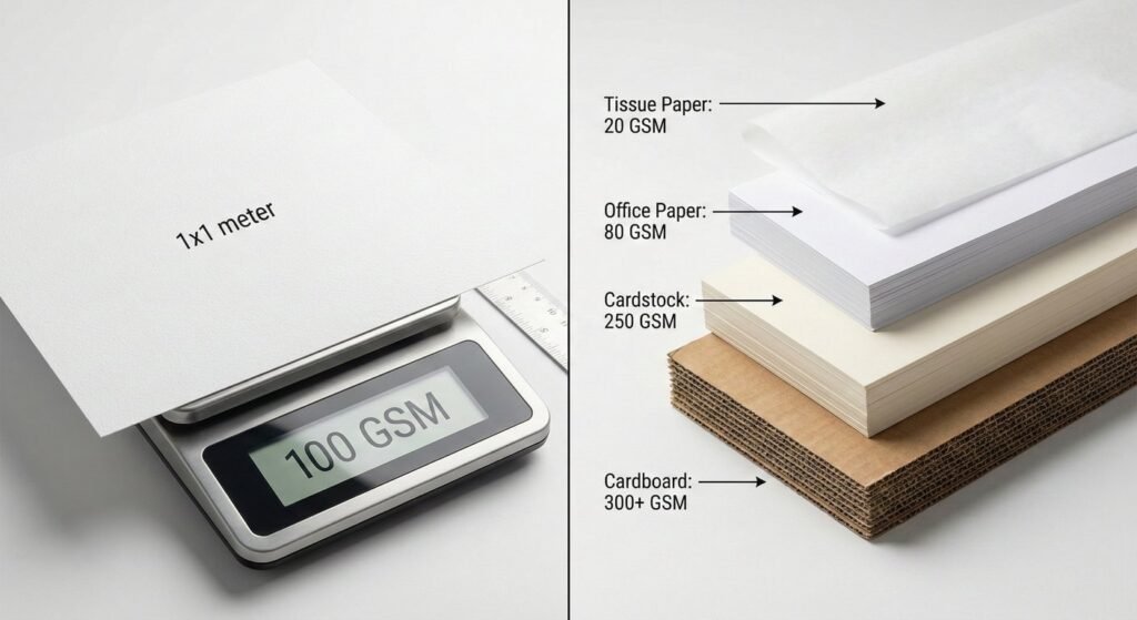Illustration explaining what is Paper GSM and how it measures paper weight.