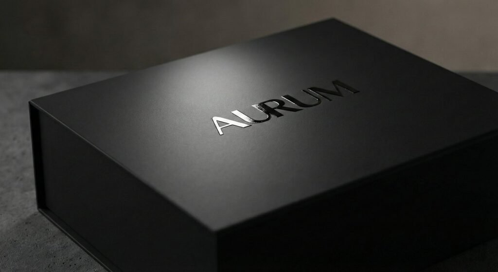 Luxury matte black packaging box featuring high-gloss Spot UV logo.