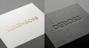 Side by side comparison of embossing vs debossing on luxury packaging boxes.