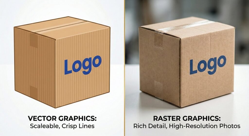 Side by side comparison of Vector vs Raster Graphics for packaging design.