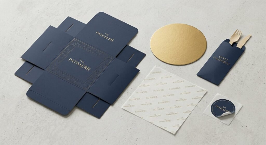 Complete bakery packaging solution teardown showing boxes and accessories.