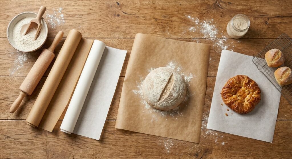 Various types of baking liners arranged on a wooden bakery table.