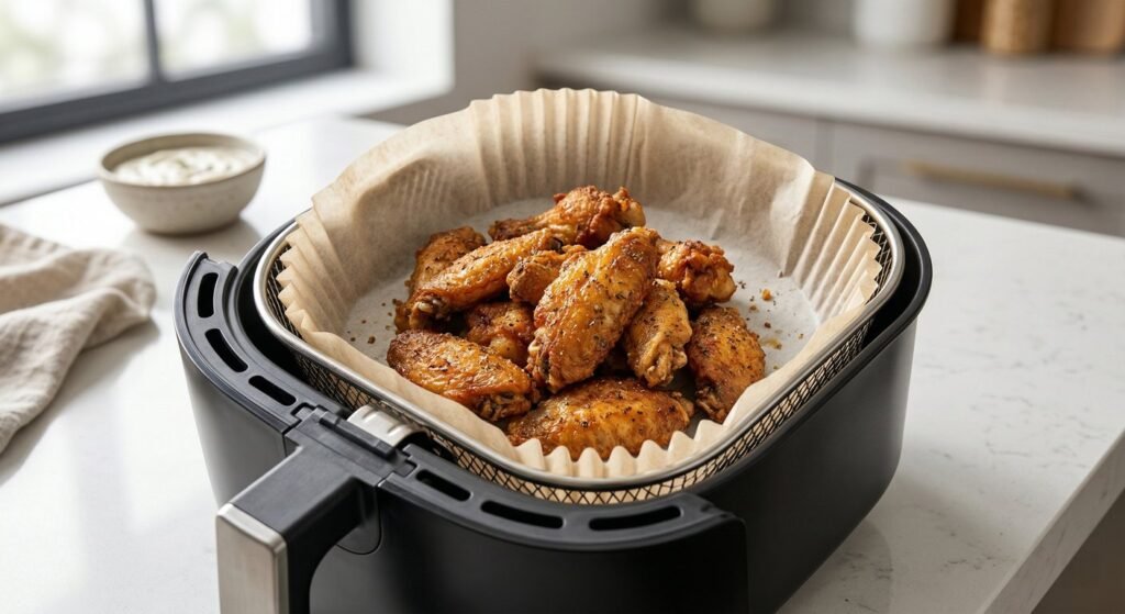 Premium air fryer disposable liners protecting an air fryer basket from grease.
