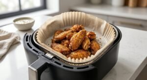 Premium air fryer disposable liners protecting an air fryer basket from grease.