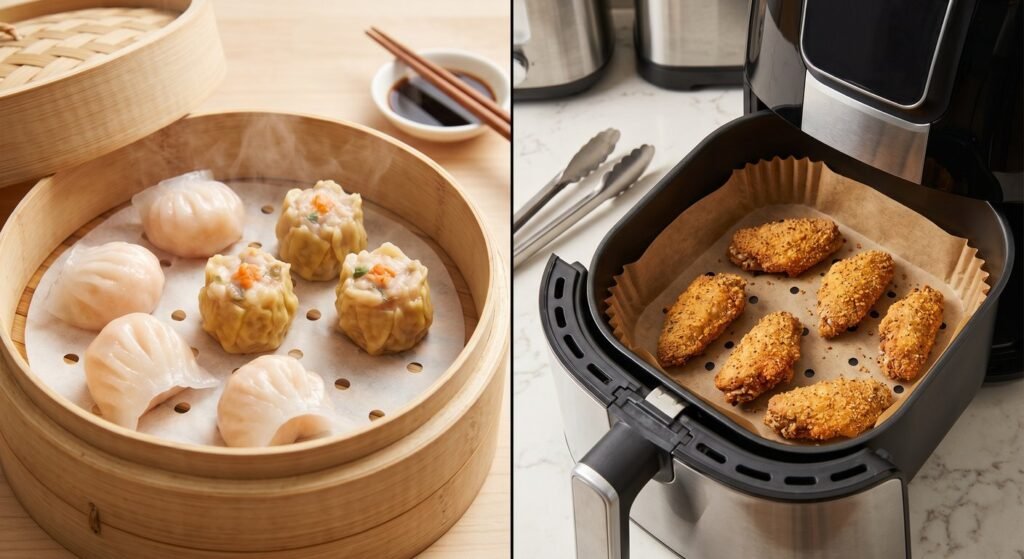 Perforated parchment paper used for steaming dim sum and air frying crispy foods.