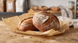 Fresh artisan bread resting on eco-friendly non silicone baking paper