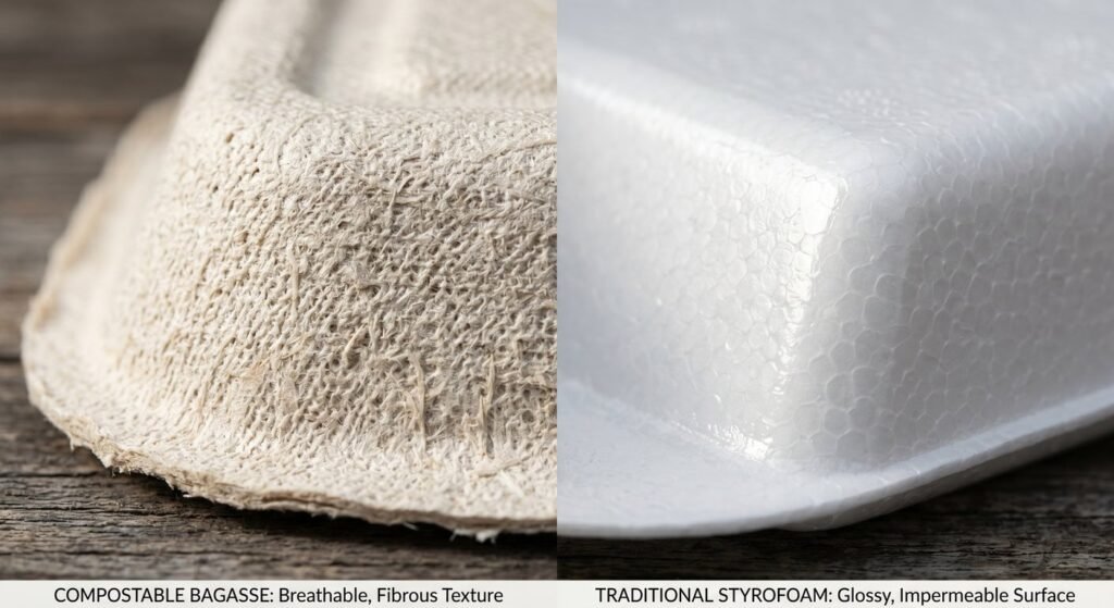 Biodegradable restaurant supplies packaging material comparison close-up