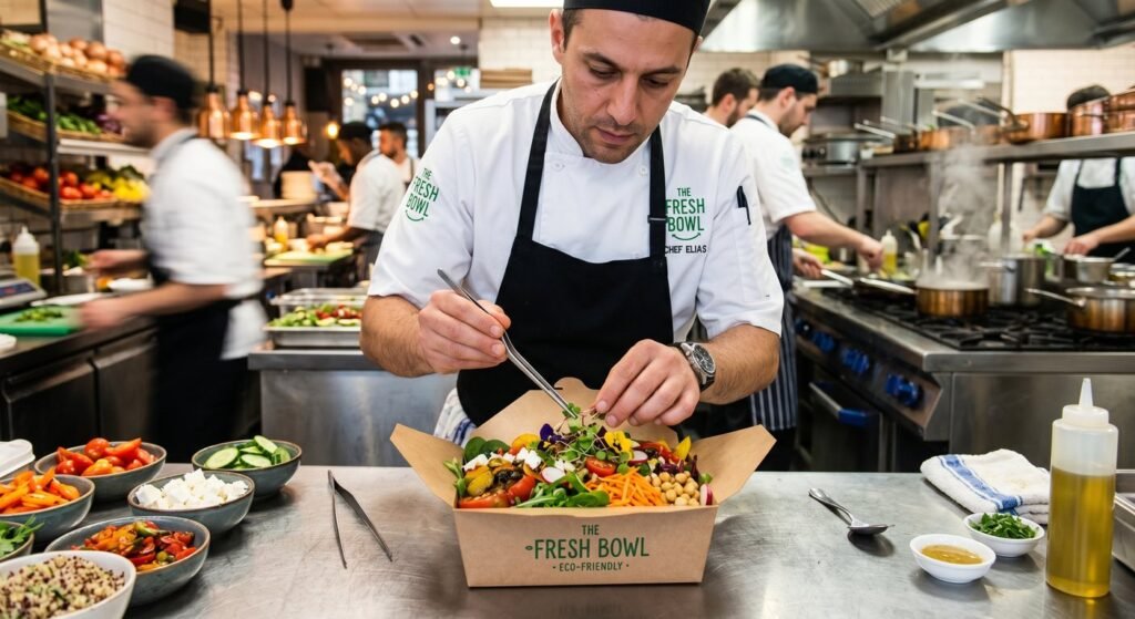 Sustainable restaurant supplies packaging used by a chef in a commercial kitchen.