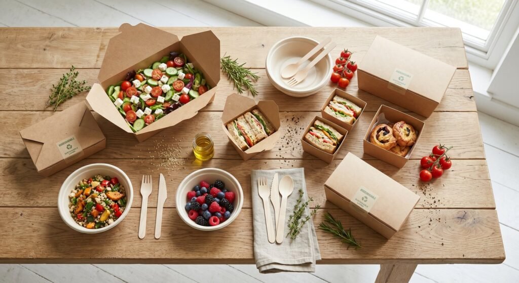 Eco-friendly restaurant supplies packaging arranged on a wooden table