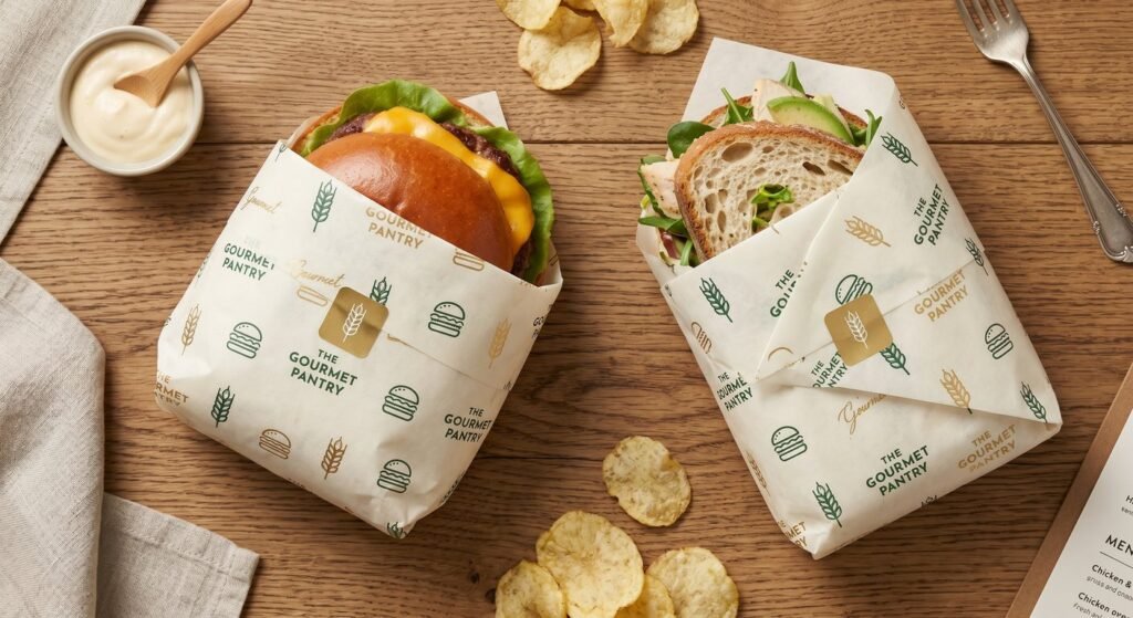Premium custom parchment paper wrapping for food brand packaging.