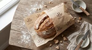 Fresh artisanal bread wrapped in personalised parchment paper on a bakery table.