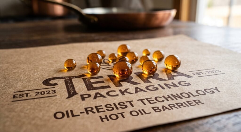 Close up showing the oil resistant properties of printed greaseproof paper.