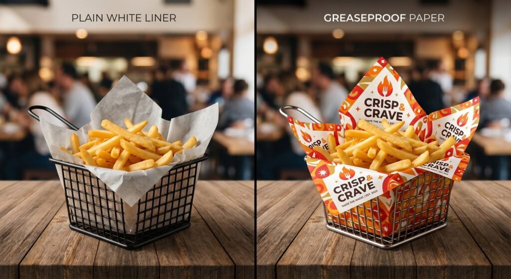 Brand impact comparison using printed greaseproof paper in a restaurant fry basket.
