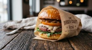 Custom printed greaseproof paper wrapping an artisanal burger.
