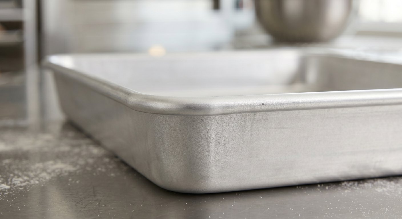 Close up of heavy gauge anodized aluminum used in durable commercial baking pans.