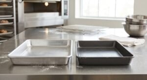 Side by side comparison of commercial cake tins and residential baking pans in a bakery setting.