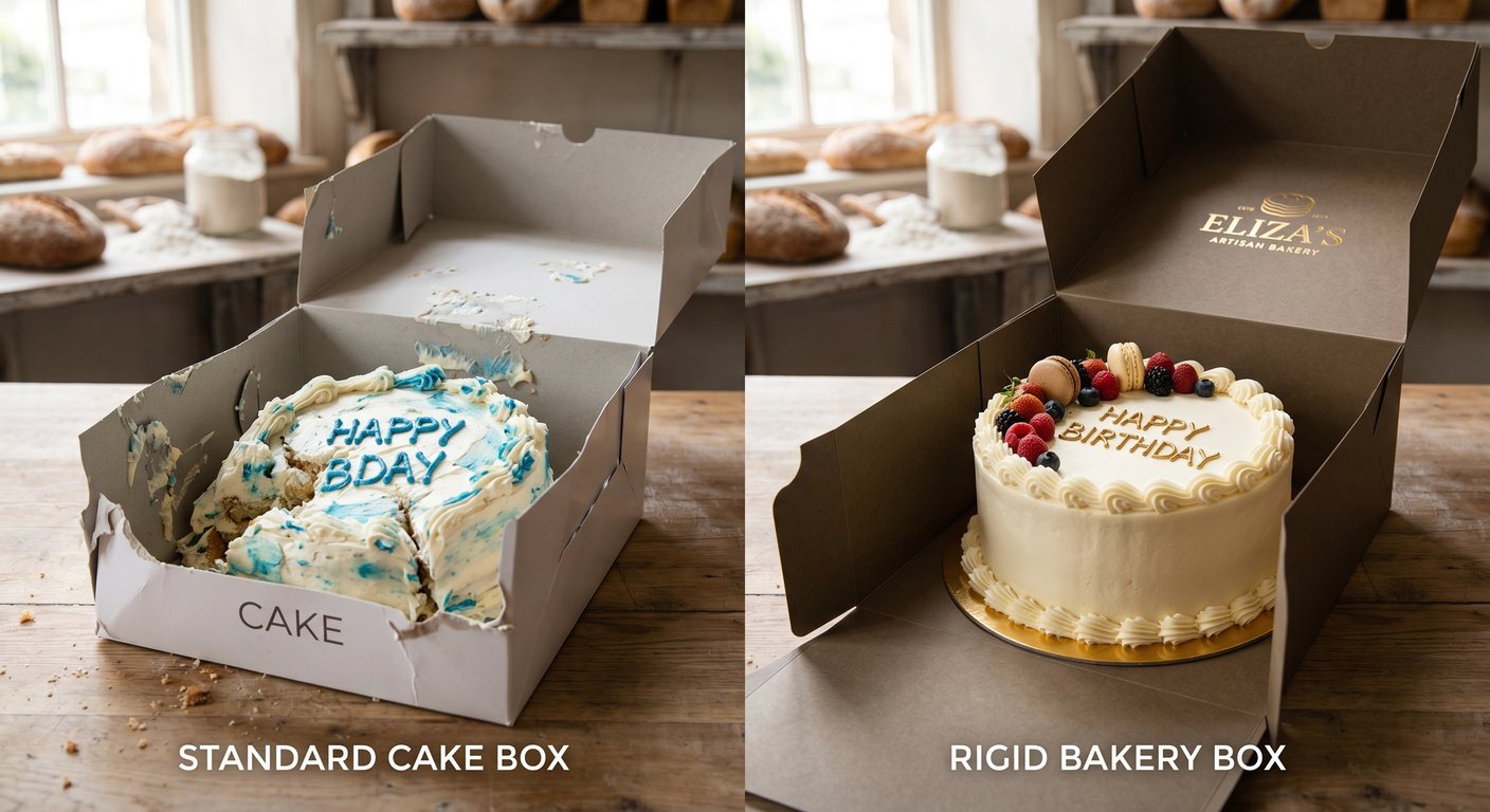 Sturdy wholesale bakery packaging protecting a delicate frosted cake during transport.