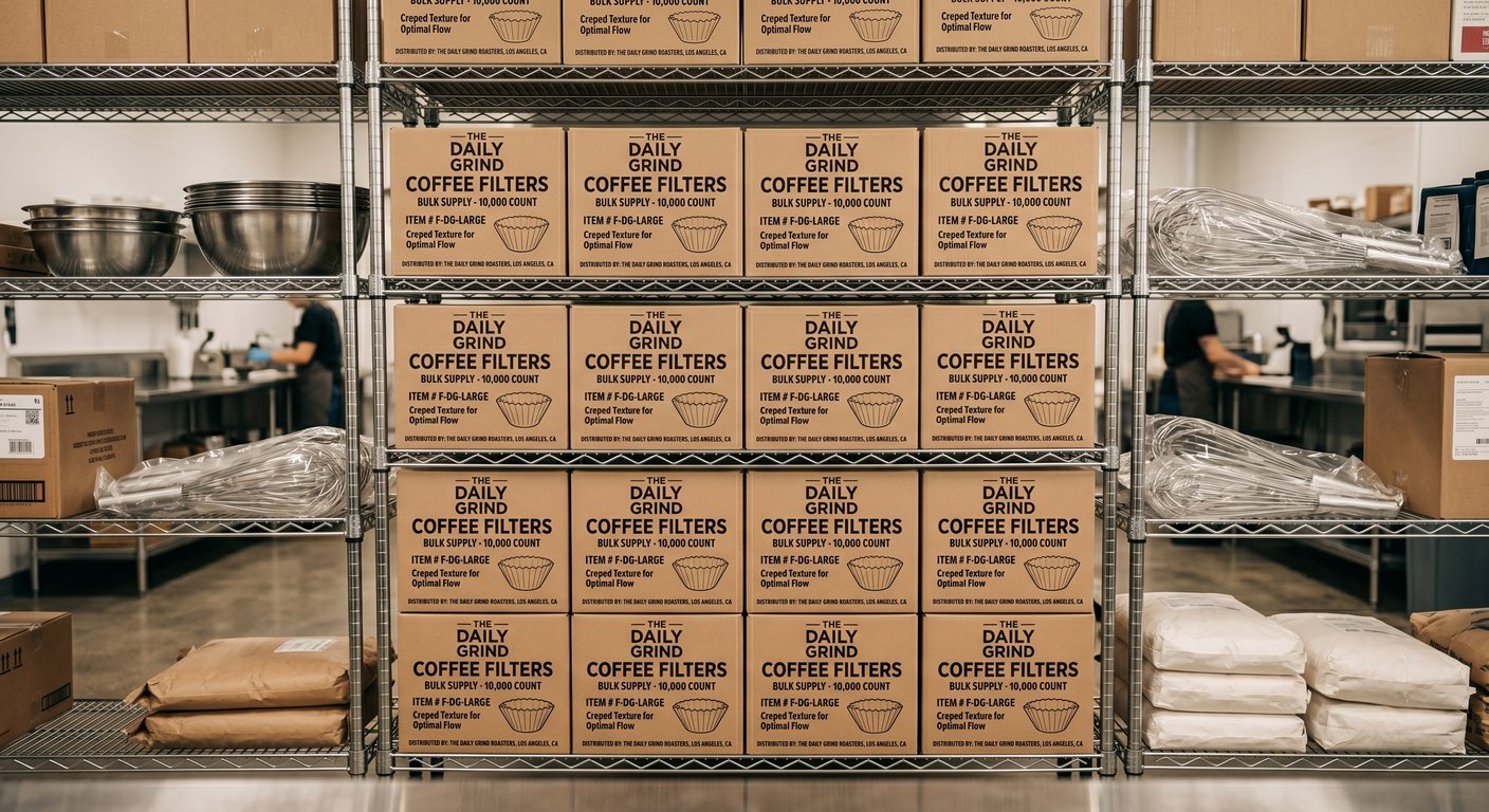 Wholesale boxes of bulk commercial size coffee filters in cafe storage.