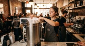Barista preparing commercial size coffee filters for a large urn brewer.